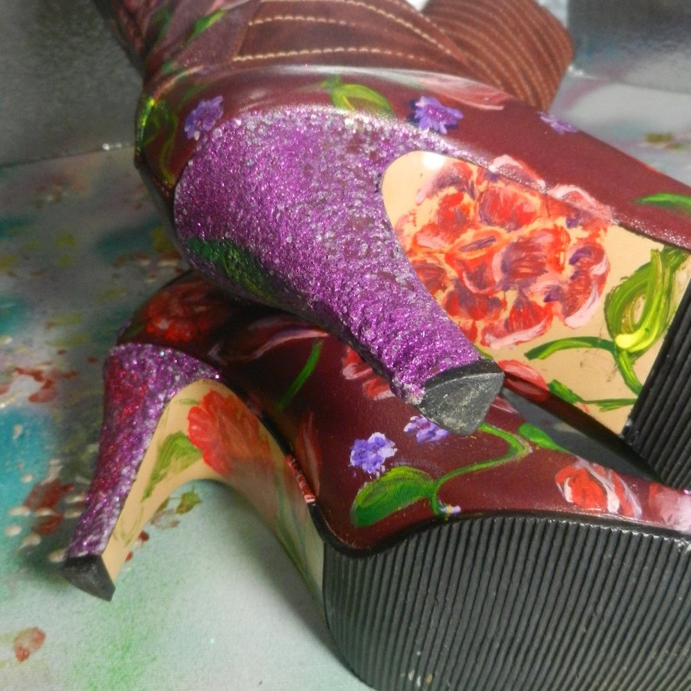 VTG OOAK floral suede boots Never Promised You a Rose Garden burgundy leather - Picture 4 of 16